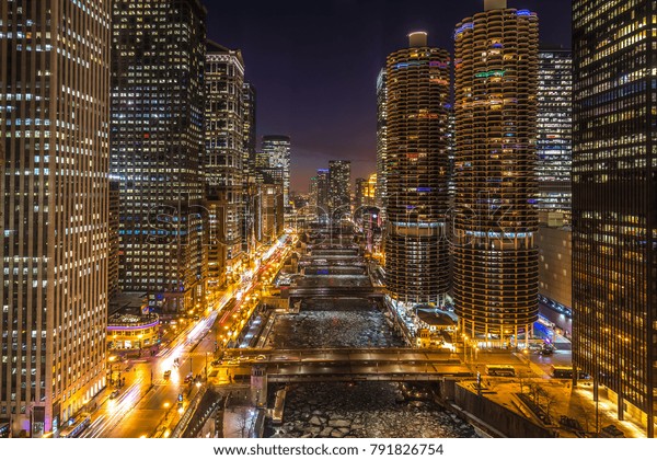 Chicago downtown\
night skyline river\
buildings
