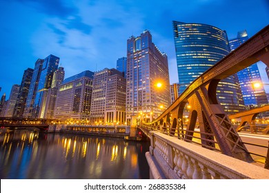 Chicago Downtown And Chicago River At Night.