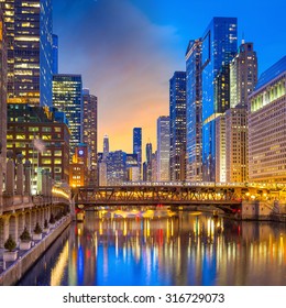 Chicago Downtown And Chicago River At Night  USA.