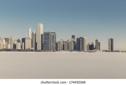 Chicago downtown view in winter scenery with snow covers Lake Michigan