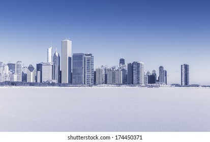 Chicago downtown view in winter scenery with snow covers Lake Michigan