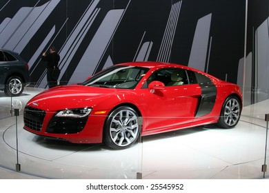 CHICAGO, FEBRUARY 18, 2009: The 2009 AUDI R8 is Incorporating the name and the genes of the five-time Le Mans winner; the first production Audi mid-engine sports car. Displayed at the Auto Show 2009 in Chicago.