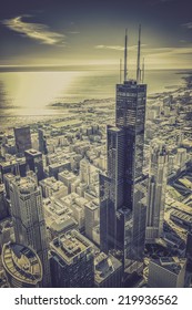 Chicago Financial District Aerial View With Skyscrapers And City Skyline