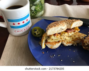 Chicago Flag Mug With Bagel Breakfast Sandwich