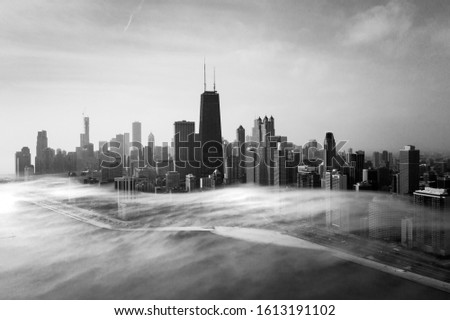 Chicago foggy aerial view black and white