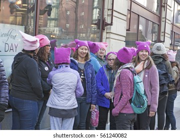 Chicago, IL, 01/21/2017  Girls And Women Of Various Ages Wearing Pink Pussy Hats At The Women's March On Chicago 2017