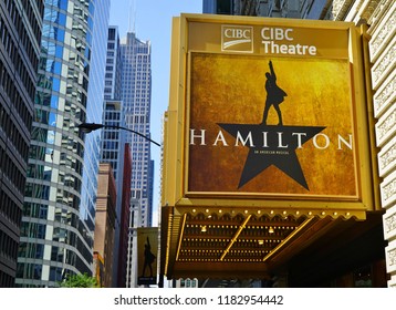 CHICAGO, IL -12 SEP 2018- View Of The CIBC Theatre In Chicago Playing The Musical Hamilton Created By Lin Manuel Miranda. It Won 11 Tony Awards In 2016.