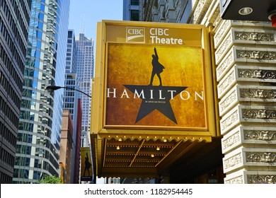 CHICAGO, IL -12 SEP 2018- View Of The CIBC Theatre In Chicago Playing The Musical Hamilton Created By Lin Manuel Miranda. It Won 11 Tony Awards In 2016.