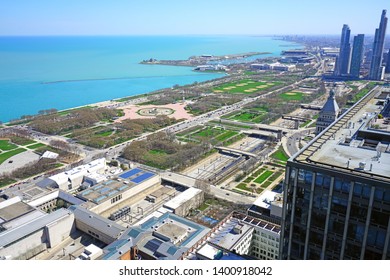 CHICAGO, IL -21 APR 2019- Aerial View Of Grant Park And Lake Michigan In Downtown Chicago.