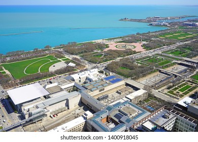 CHICAGO, IL -21 APR 2019- Aerial View Of Grant Park And Lake Michigan In Downtown Chicago.