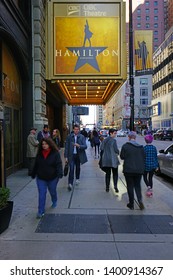 CHICAGO, IL -26 APR 2019- View Of The CIBC Theatre In Chicago Playing The Musical Hamilton Created By Lin Manuel Miranda. It Won 11 Tony Awards In 2016.