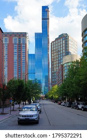 CHICAGO, IL -26 JUL 2020- View Of The Chicago Skyline With The Construction Of The Vista Tower,  A Supertall Skyscraper Being Built In Chicago, Illinois On Wacker Drive By Studio Gang Architects.