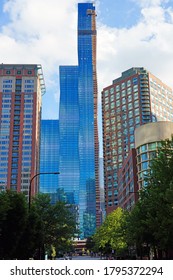 CHICAGO, IL -26 JUL 2020- View Of The Chicago Skyline With The Construction Of The Vista Tower,  A Supertall Skyscraper Being Built In Chicago, Illinois On Wacker Drive By Studio Gang Architects.