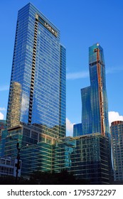 CHICAGO, IL -26 JUL 2020- View Of The Chicago Skyline With The Construction Of The Vista Tower,  A Supertall Skyscraper Being Built In Chicago, Illinois On Wacker Drive By Studio Gang Architects.