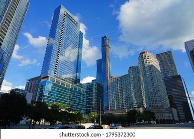 CHICAGO, IL -26 JUL 2020- View Of The Chicago Skyline With The Construction Of The Vista Tower,  A Supertall Skyscraper Being Built In Chicago, Illinois On Wacker Drive By Studio Gang Architects.