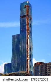 CHICAGO, IL -26 JUL 2020- View Of The Chicago Skyline With The Construction Of The Vista Tower,  A Supertall Skyscraper Being Built In Chicago, Illinois On Wacker Drive By Studio Gang Architects.