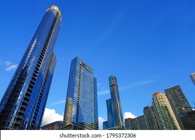 CHICAGO, IL -26 JUL 2020- View Of The Chicago Skyline With The Construction Of The Vista Tower,  A Supertall Skyscraper Being Built In Chicago, Illinois On Wacker Drive By Studio Gang Architects.