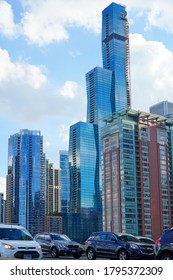 CHICAGO, IL -26 JUL 2020- View Of The Chicago Skyline With The Construction Of The Vista Tower,  A Supertall Skyscraper Being Built In Chicago, Illinois On Wacker Drive By Studio Gang Architects.