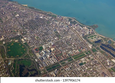 CHICAGO, IL -28 APR 2019- Aerial View Of The Campus Of The University Of Chicago And The Hyde Park Neighborhood On The South Side Of Chicago, Illinois.