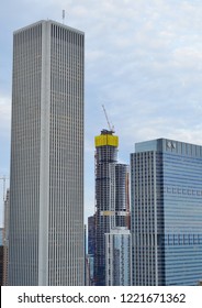 CHICAGO, IL -31 OCT 2018- View Of The  Chicago Skyline With The Construction Of The Vista Tower,  A Supertall Skyscraper Being Built In Chicago, Illinois On Wacker Drive By Studio Gang Architects.