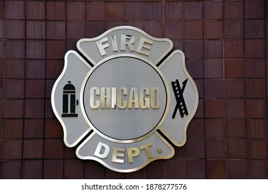 Chicago, IL April 20, 2020, Chicago Fire Department Seal On The Outside Of The Chicago Public Safety Building, Headquarters Of The Chicago Police Department And Fire Department