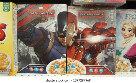 Chicago, IL April 24, 2016, Marvel Captain America Civil War Cereal Boxes On A Grocery Store Shelf With Captain America And Iron Man