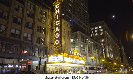 Chicago, IL - Circa 2019: Night Time Exterior Establishing Photo Of Chicago Landmark Theatre Located In Loop Section Of Downtown Owned And Operated By Madison Square Garden. Famous Stage Venue