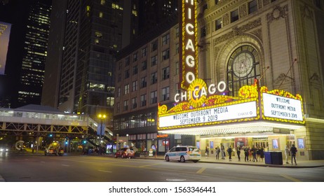 Chicago, IL - Circa 2019: Night Time Exterior Establishing Photo Of Chicago Landmark Theatre Located In Loop Section Of Downtown Owned And Operated By Madison Square Garden