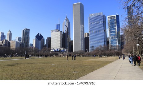 Chicago, IL - CIRCA 2020: Showing Grant Park, Aon Center, Two Prudential Plaza, One Prudential Plaza, And Crain Communications Building.