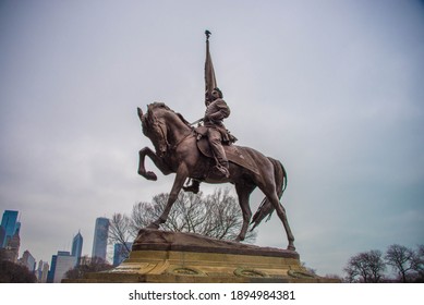 Chicago, IL December 11, 2020, General John Logan Monument In Grant Park, Site Of 1968 Democratic National Convention Protests