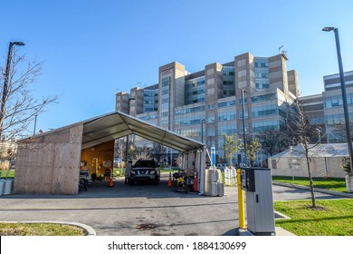 Chicago, IL December 6, 2020 John H. Stroger, Jr. Hospital Of Cook County Front Exterior With Tent Triage Center For COVID 19 Testing