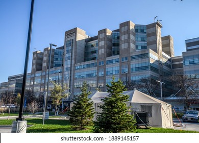 Chicago, IL December 6, 2020 John H. Stroger, Jr. Hospital Of Cook County Front Exterior With Tent Triage Center For COVID 19 Testing