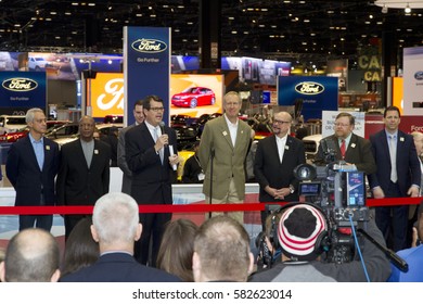 CHICAGO, IL - FEBRUARY 11: Governor Of Illinois Bruce Rauner And Mayor Of Chicago Rahm Emanuel At The Opening The Annual International Auto-show, February 11, 2017 In Chicago, IL