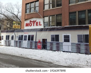 Chicago, IL February 14, 2021, Replay Lincoln Park Exterior Designed To Look Like Rosebud Motel From The TV Show Schitt's Creek