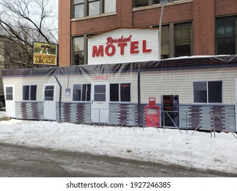 Chicago, IL February 14, 2021, Replay Lincoln Park Exterior Designed To Look Like Rosebud Motel From The TV Show Schitt's Creek