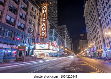 CHICAGO, IL - FEBRUARY 18, 2018: Famous Chicago Theatre Neon Sign And Night Street Scene.