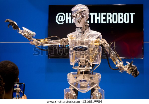 CHICAGO, IL -\
FEBRUARY 9: Ford\'s Hank the Robot at the annual International\
auto-show, February 9, 2019 in Chicago,\
IL