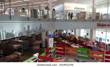 Chicago, IL January 16, 2016, Interior Of A Two Story Walgreens Pharmacy Drug Store With Valentine's Day Items For Sale On Display