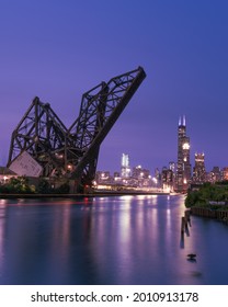 Chicago, IL - July 18 2021: View Of Downtown Chicago Skyline And Sears Tower At Night From Ping Tom Memorial Park In Chinatown