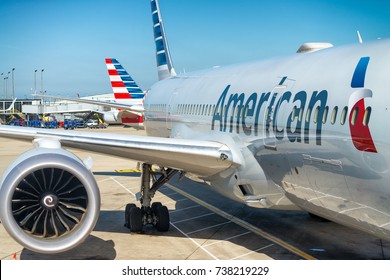 CHICAGO, IL - JULY 27, 2017: American Airlines plane on the airport. The company is based on Dallas, TX.