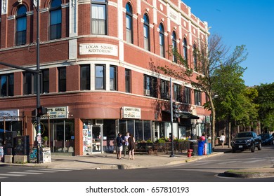 CHICAGO, IL, June 10, 2017: Friends Waiting Outside The Logan Square Auditorium, A Famous, Longstanding Music Venue In The Neighborhood, Which Is Known For Its Great Music Scene.