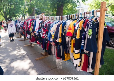 CHICAGO, IL, June 24, 2017: A Giant Row Of Sports Shirts And Jerseys For Sale At A Community Garage Sale In Andersonville. Chicago Is A Huge 'sports Town', And Jerseys Are Very Popular.