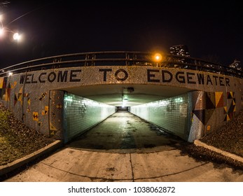 Chicago, IL - March 2nd, 2018: The Mosaic Tiled Lake Shore Drive Pedestrian Underpass Tunnel Sits Quiet At Night In The Edgewater Neighborhood In Chicago.