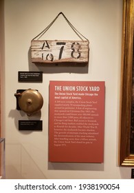 Chicago, IL March 4, 2021, Union Stock Yard Sign And Bell On Display At The Chicago History Museum