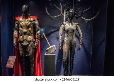 Chicago, IL May 1, 2021, Thor costume, worn by Chris Hemsworth, Mjolnir, Thor Hammer and Hela Costume and Headpiece on display from the Marvel Cinematic Universe