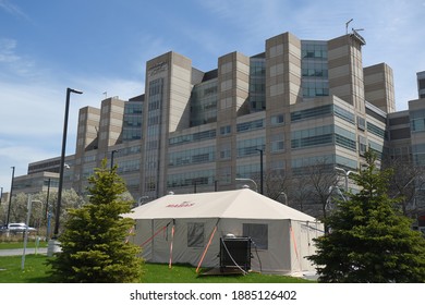 Chicago, IL May 17, 2020, John H. Stroger, Jr. Hospital Of Cook County Front Exterior With A Covid-19 Triage Tent