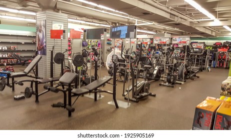 Chicago, IL May 20, 2016, Chicago Sports Authority Retail Store Gym Equipment Weight Lifting And Treadmills For Sale On Display