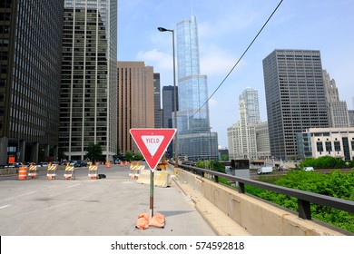 CHICAGO, IL - MAY 25: The Trump International Hotel and Tower with Yield sign in front,  May 25 2016 in Chicago, Illinois, USA