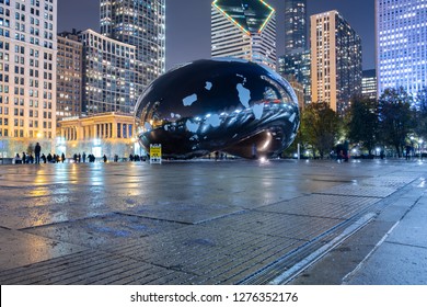 CHICAGO, IL - NOVEMBER 29, 2018 - Millennium Park In Chicago During Winter With Ice Patches On The Cloud Gate