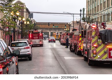 Chicago, IL - October 6th, 2021: Firetrucks And Other Emergency Response Vehicles Crowd The Streets After A Construction Pile Driving Drill Rig Tips Over While Working Near The Bryn Mawr CTA Station.